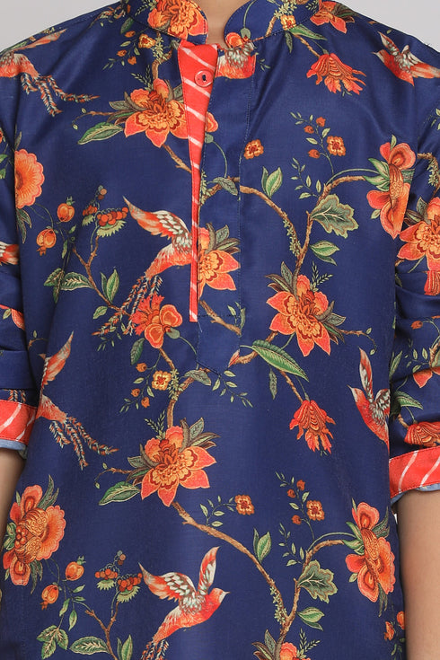 VASTRAMAY Multicolor-Base-Blue And Cream Baap Beta Kurta Set